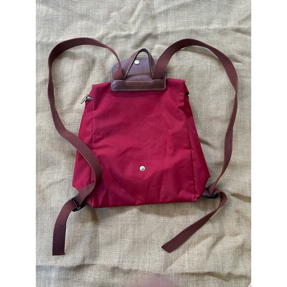 Longchamp Le Pliage Original Backpack Brown Red Nylon Leather Travel Bag Logo - Picture 2 of 15